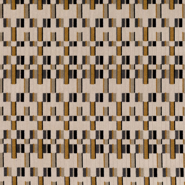 Warm biscuit woven ground with black, charcoal and ochre geometric bars