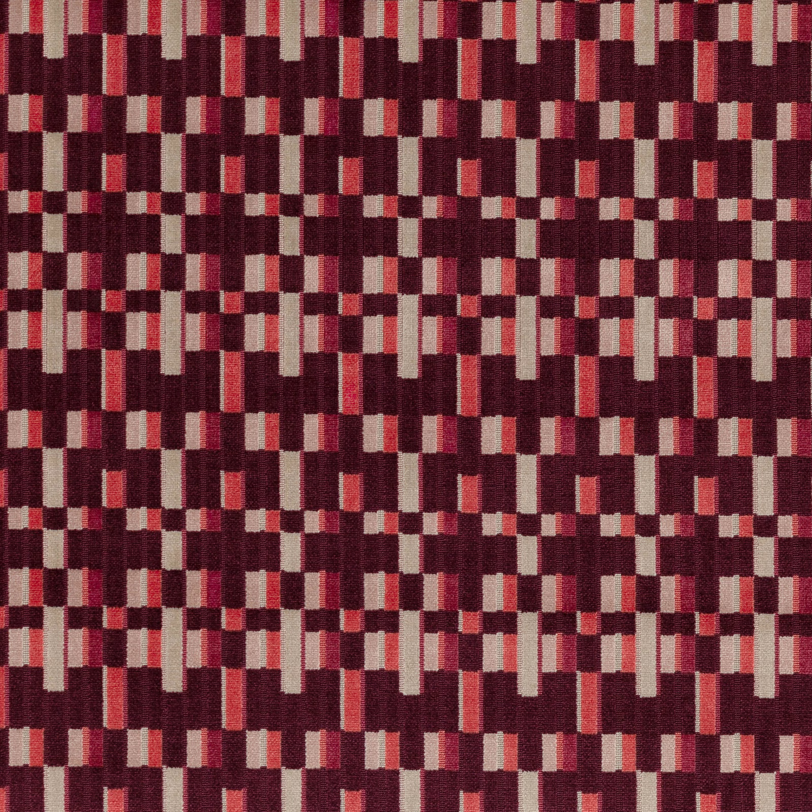 Blackcurrant woven textile with pixel-like burgundy, coral, cream and plum rectangles