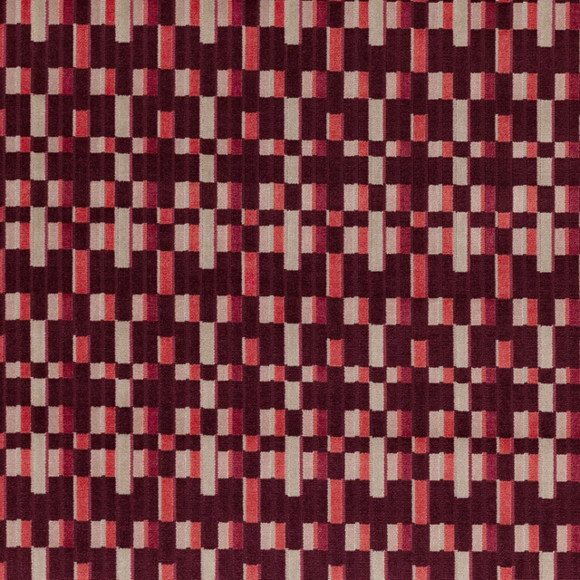 Blackcurrant woven textile with pixel-like burgundy, coral, cream and plum rectangles