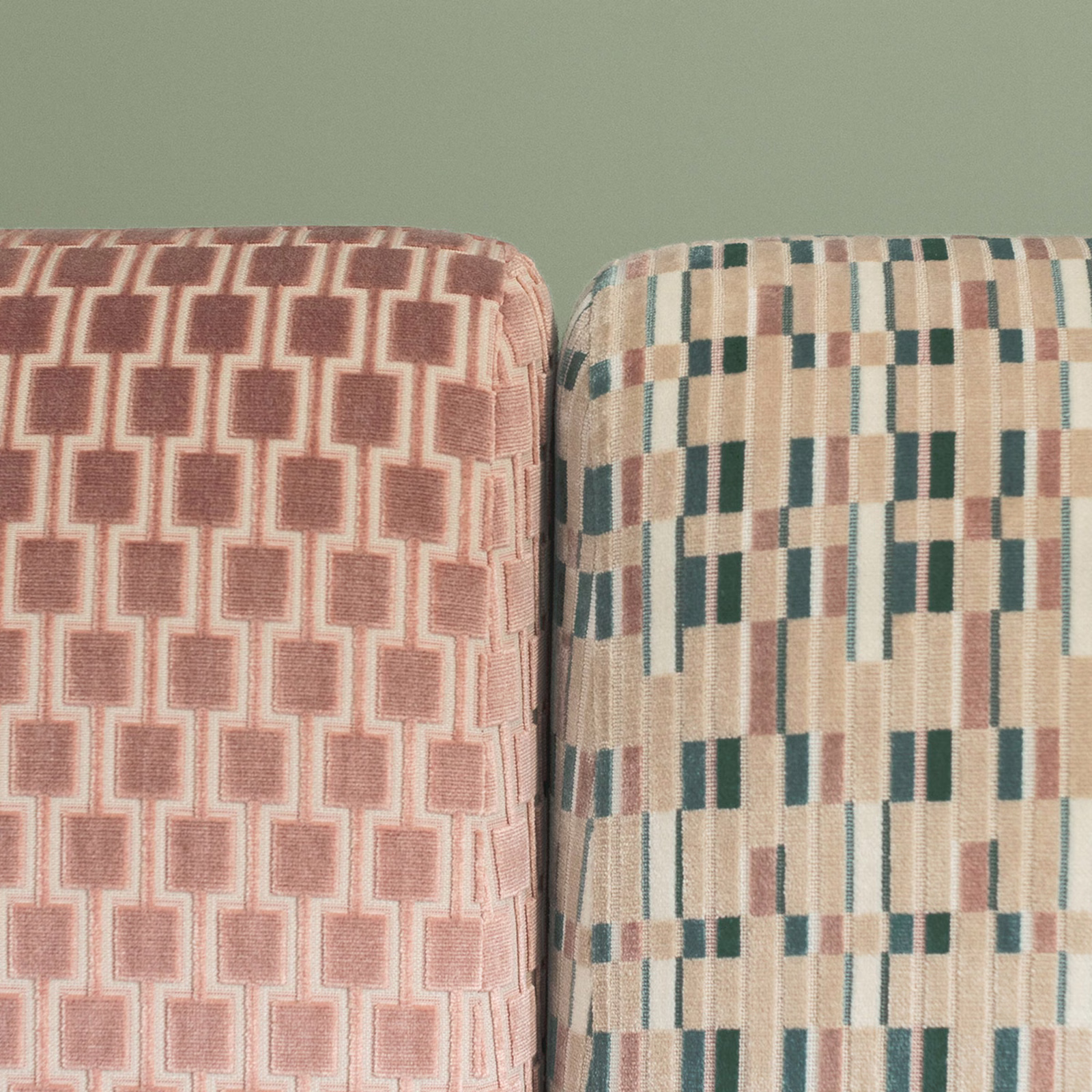 Cream, teal and dusty rose geometric woven fabric with structured checked motifs