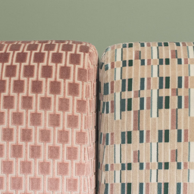 Cream, teal and dusty rose geometric woven fabric with structured checked motifs