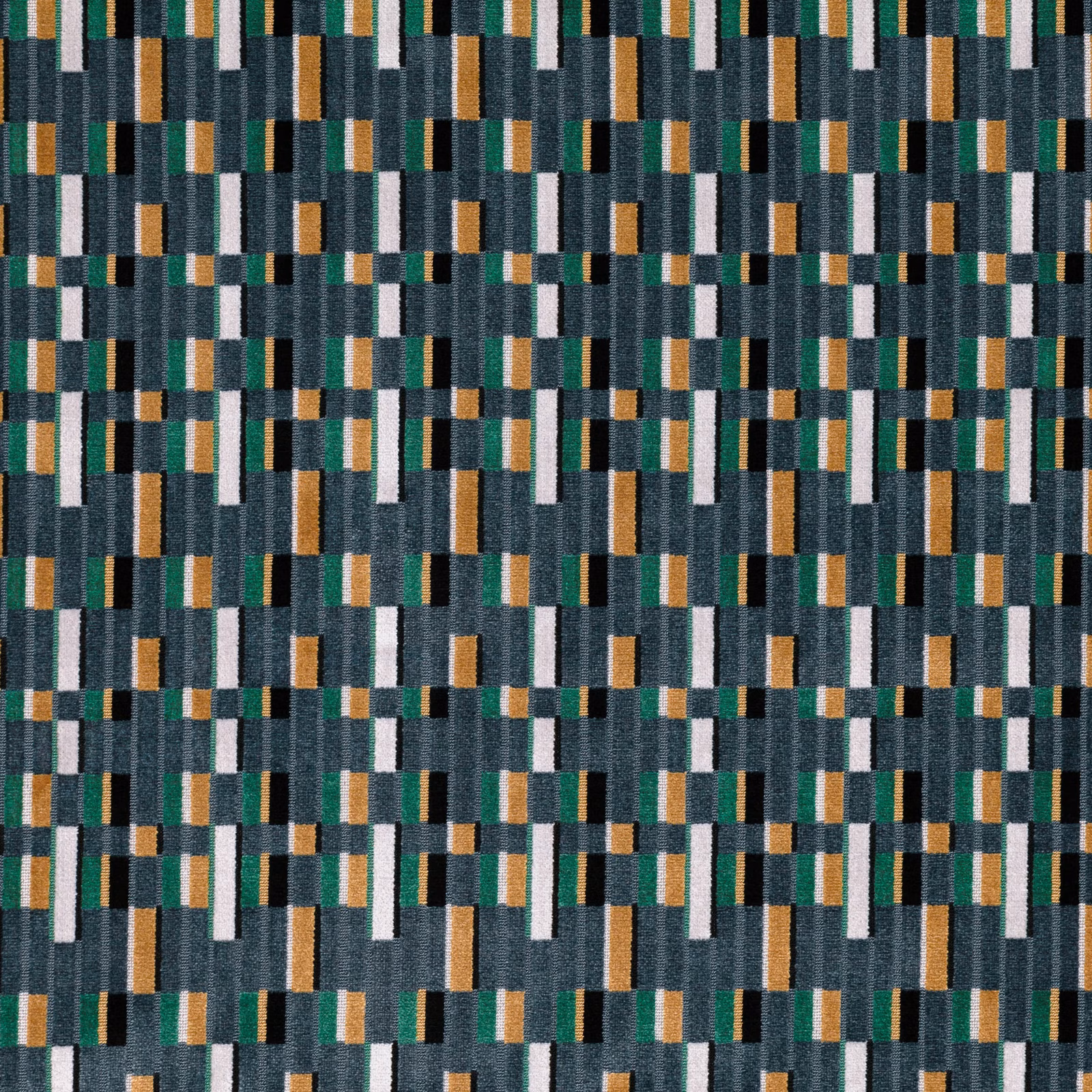 Petrol teal woven ground with charcoal, mustard and cream geometric blocks