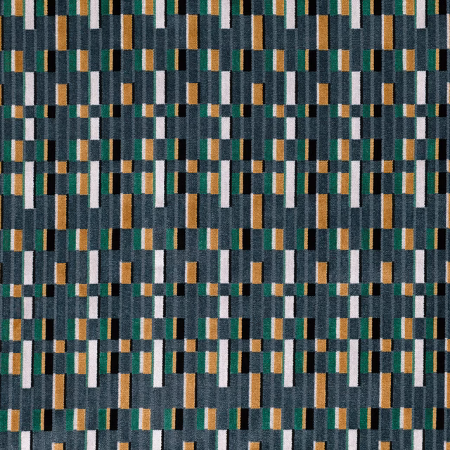 Petrol teal woven ground with charcoal, mustard and cream geometric blocks