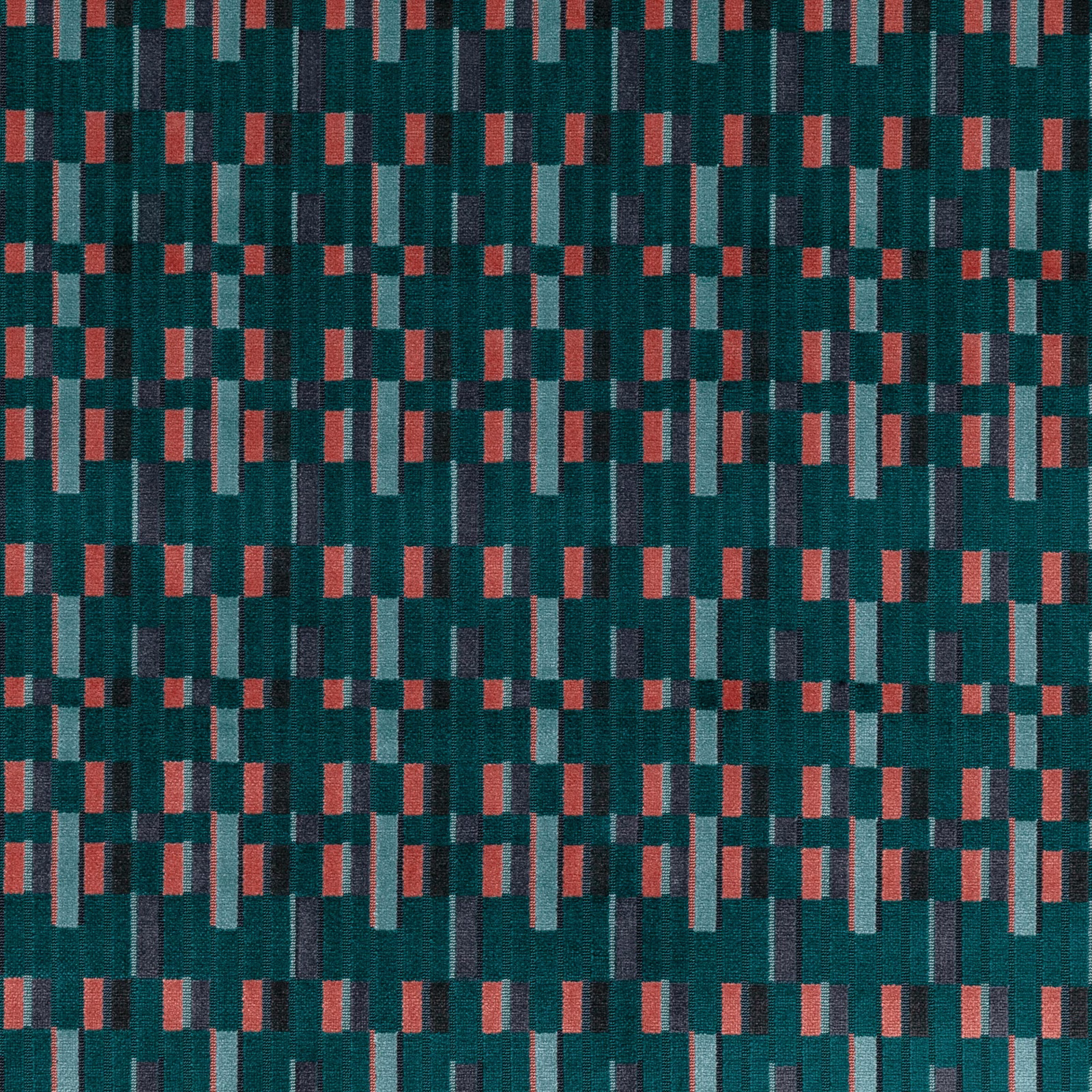 Deep teal woven fabric with coral, blue-grey and charcoal vertical block motifs