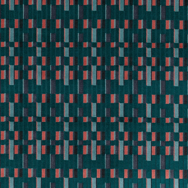 Deep teal woven fabric with coral, blue-grey and charcoal vertical block motifs