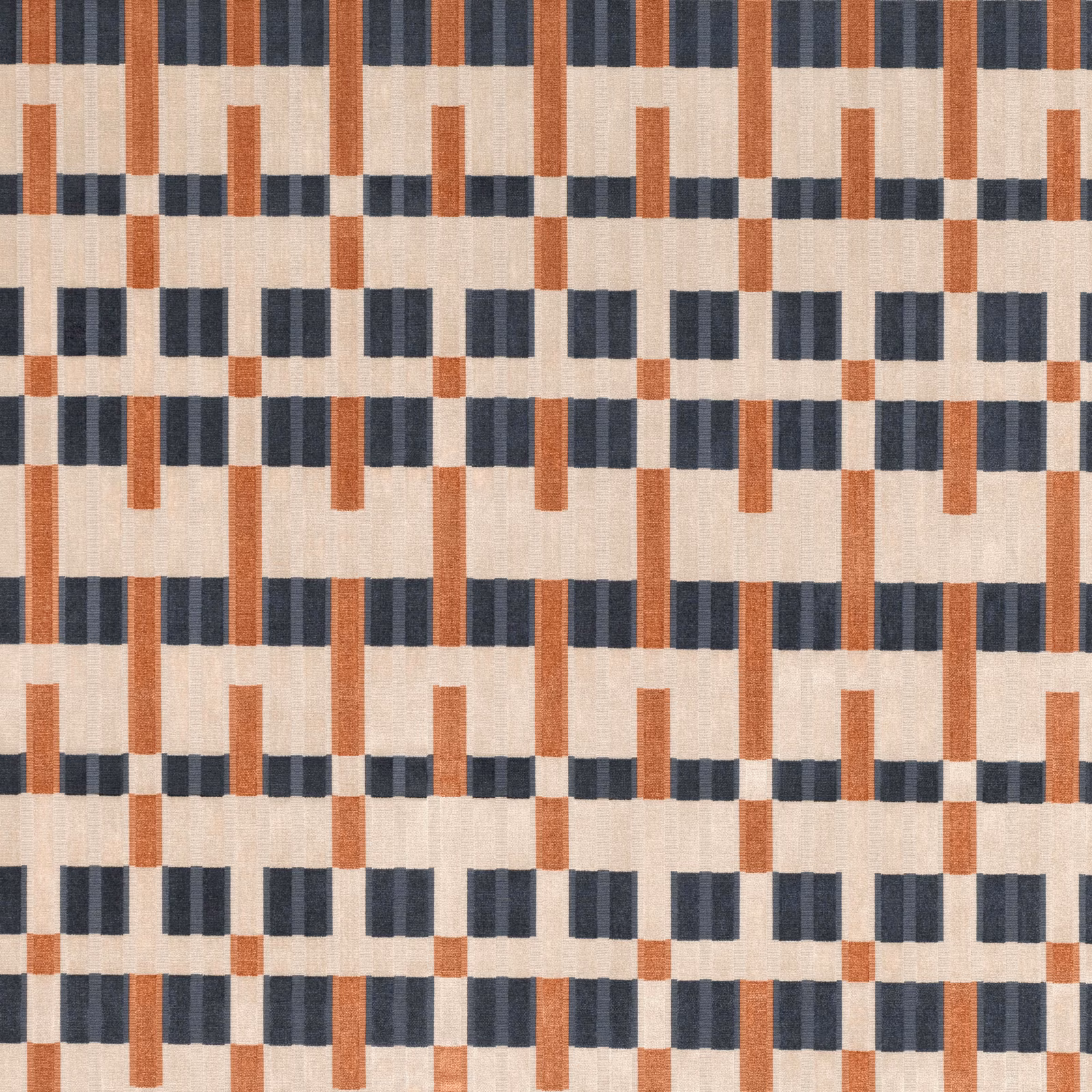 Burnt orange, charcoal and cream geometric grid with softly striated woven texture