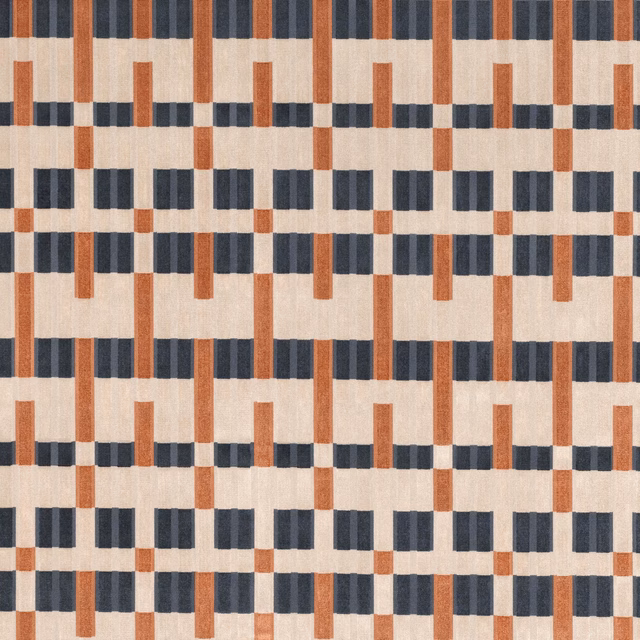 Burnt orange, charcoal and cream geometric grid with softly striated woven texture