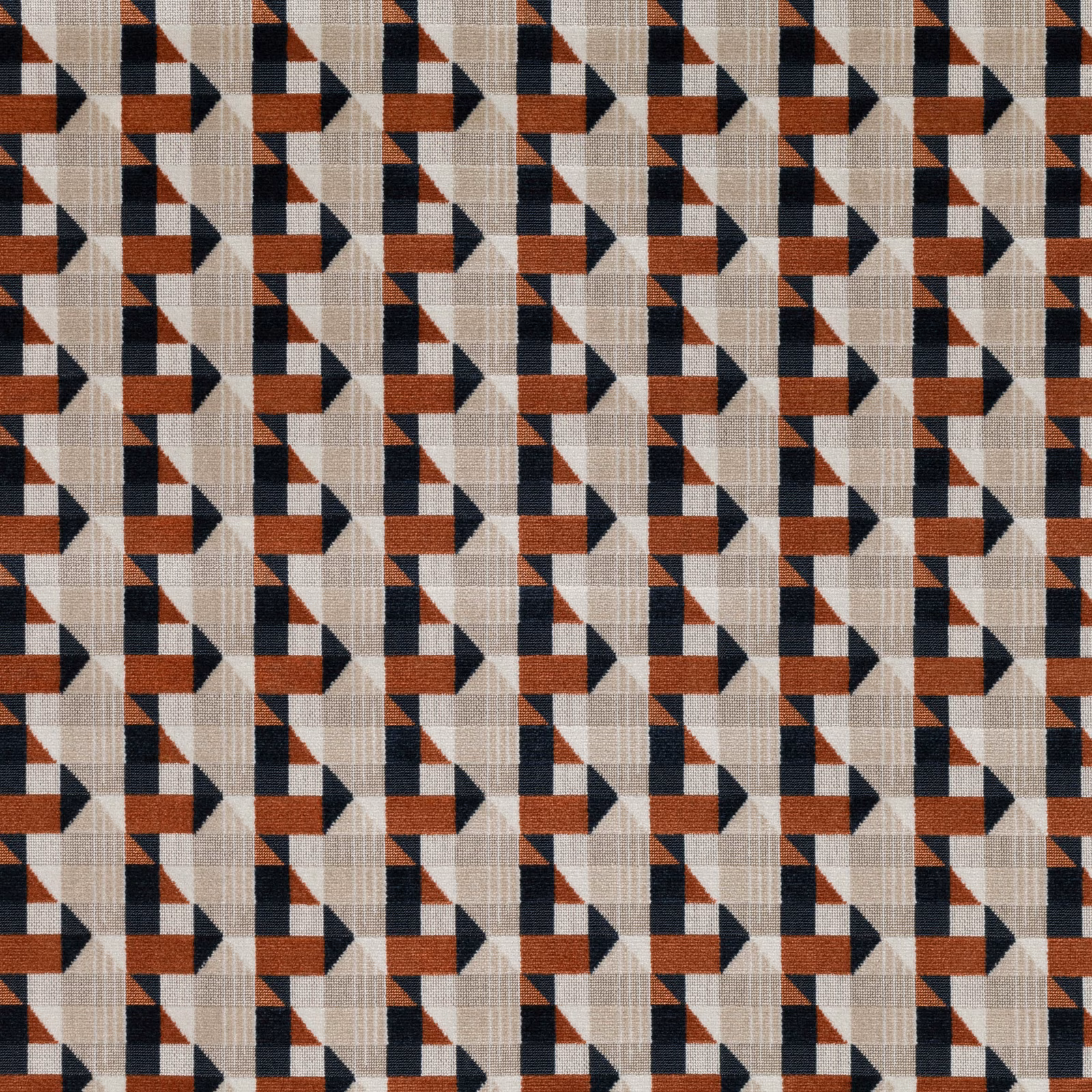 Burnt orange, cream and charcoal geometric weave with crisp angular repeats