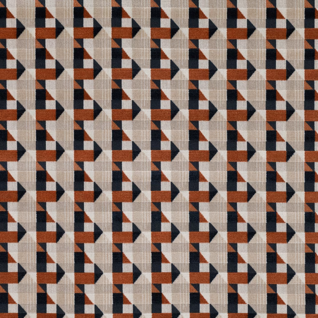 Burnt orange, cream and charcoal geometric weave with crisp angular repeats