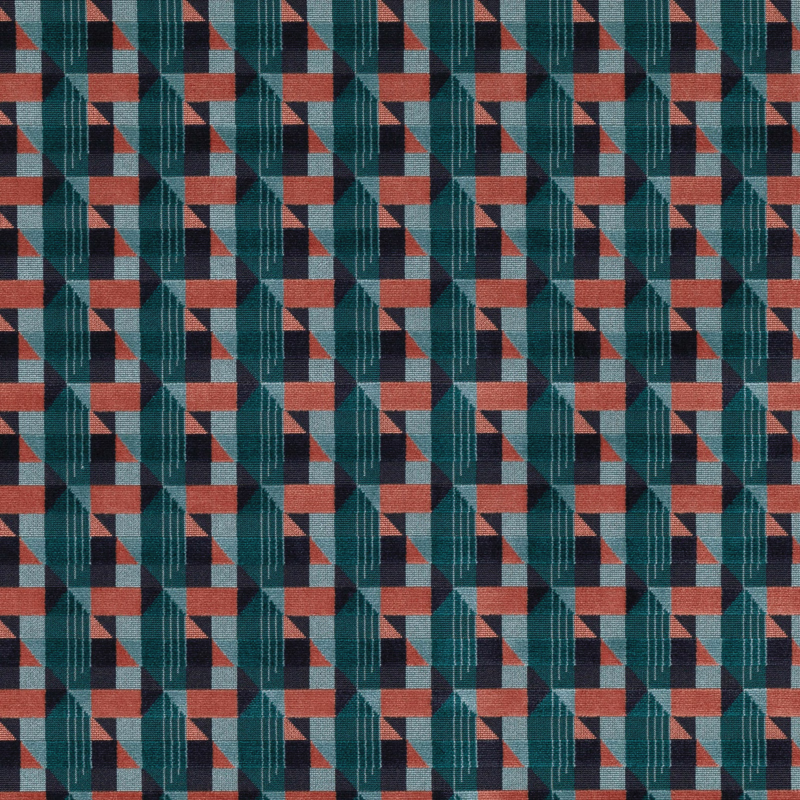 Deep teal woven swatch with coral blocks, charcoal triangles and fine vertical pinstripes