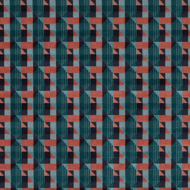 Deep teal woven swatch with coral blocks, charcoal triangles and fine vertical pinstripes