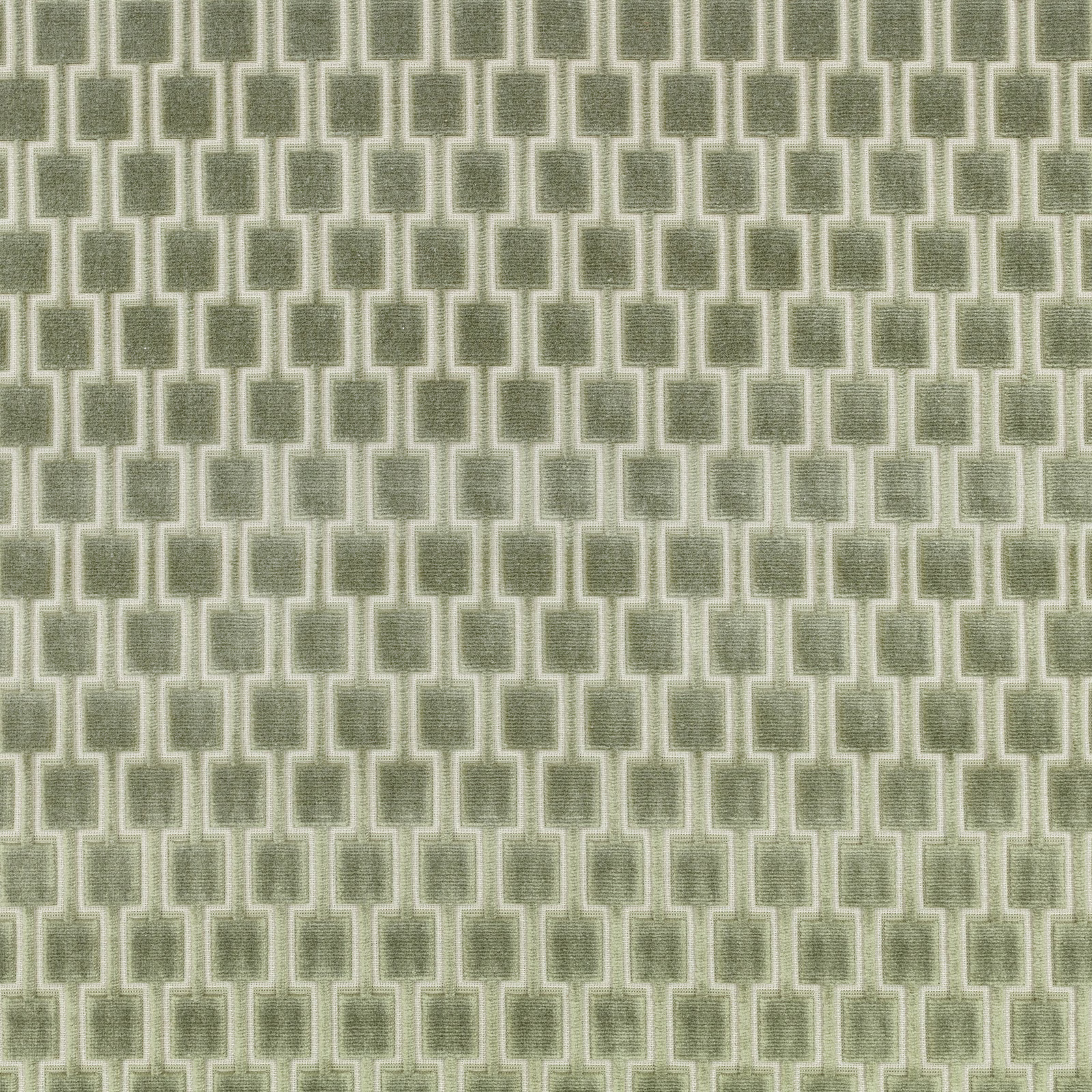 Muted celadon geometric fabric with pale interlocking rectangular lines and a softly mottled texture