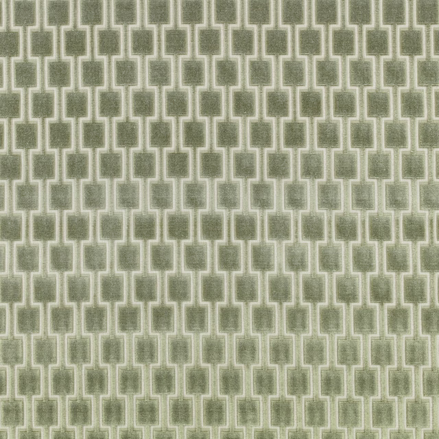 Muted celadon geometric fabric with pale interlocking rectangular lines and a softly mottled texture