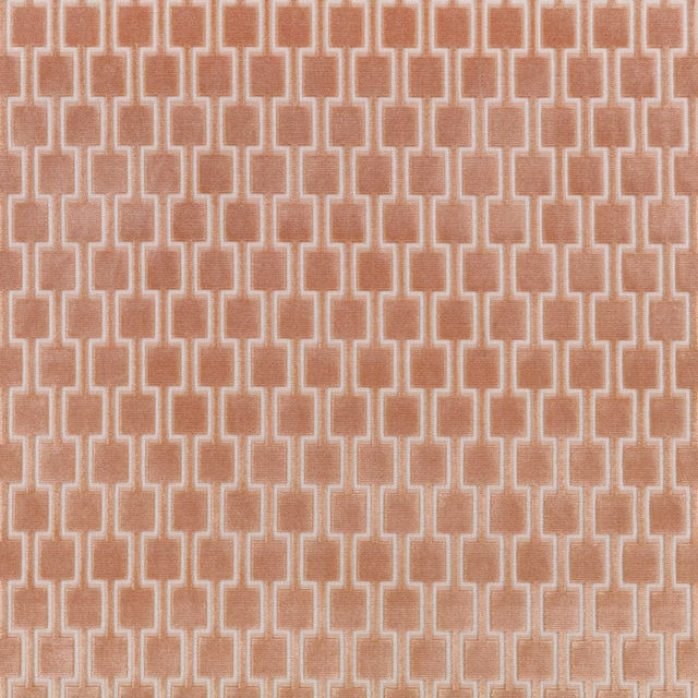 Warm dusty pink fabric with pale cream interlocking rectangular geometric lines and fine woven texture