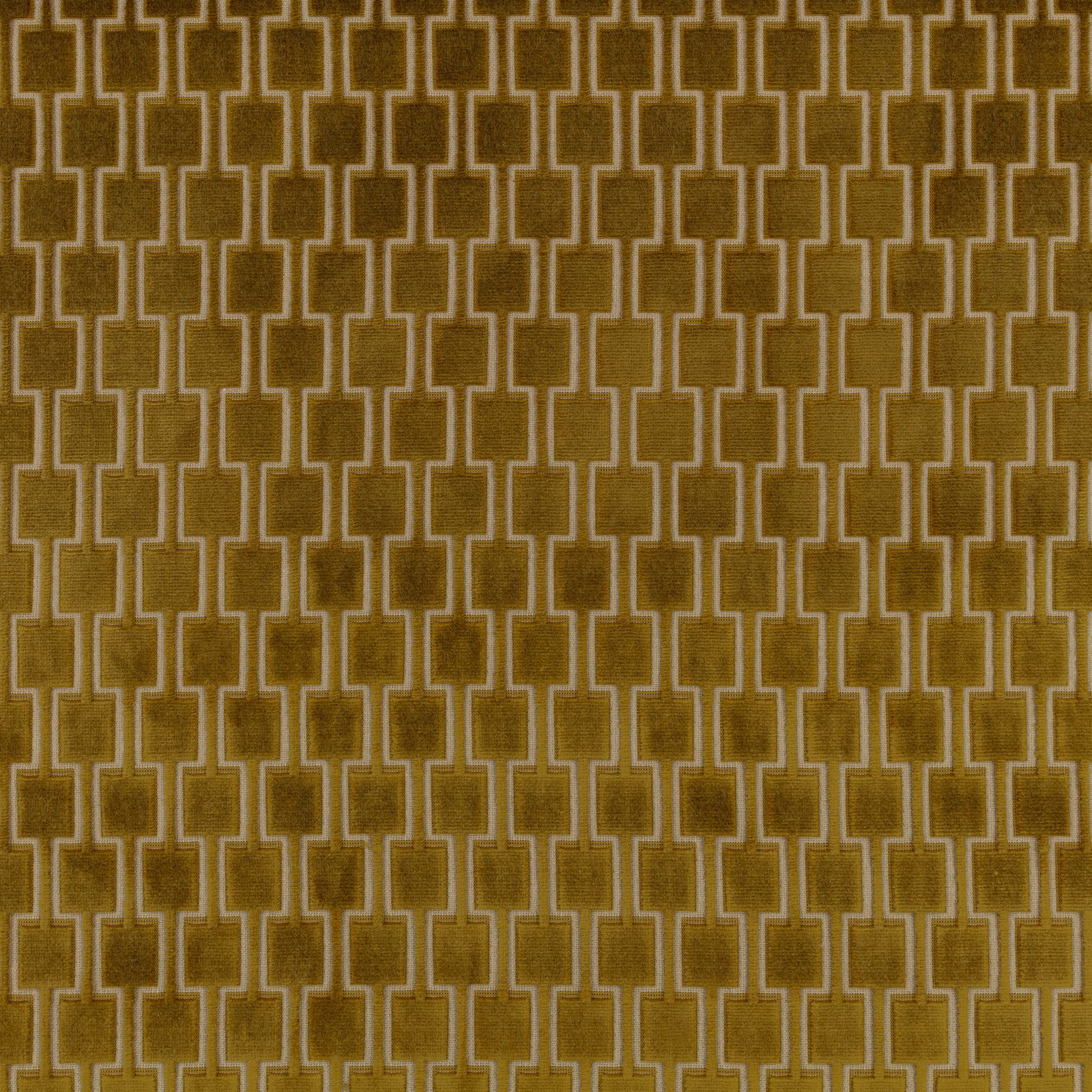 Mottled mossy olive fabric with pale linked-key geometric lines in a woven texture