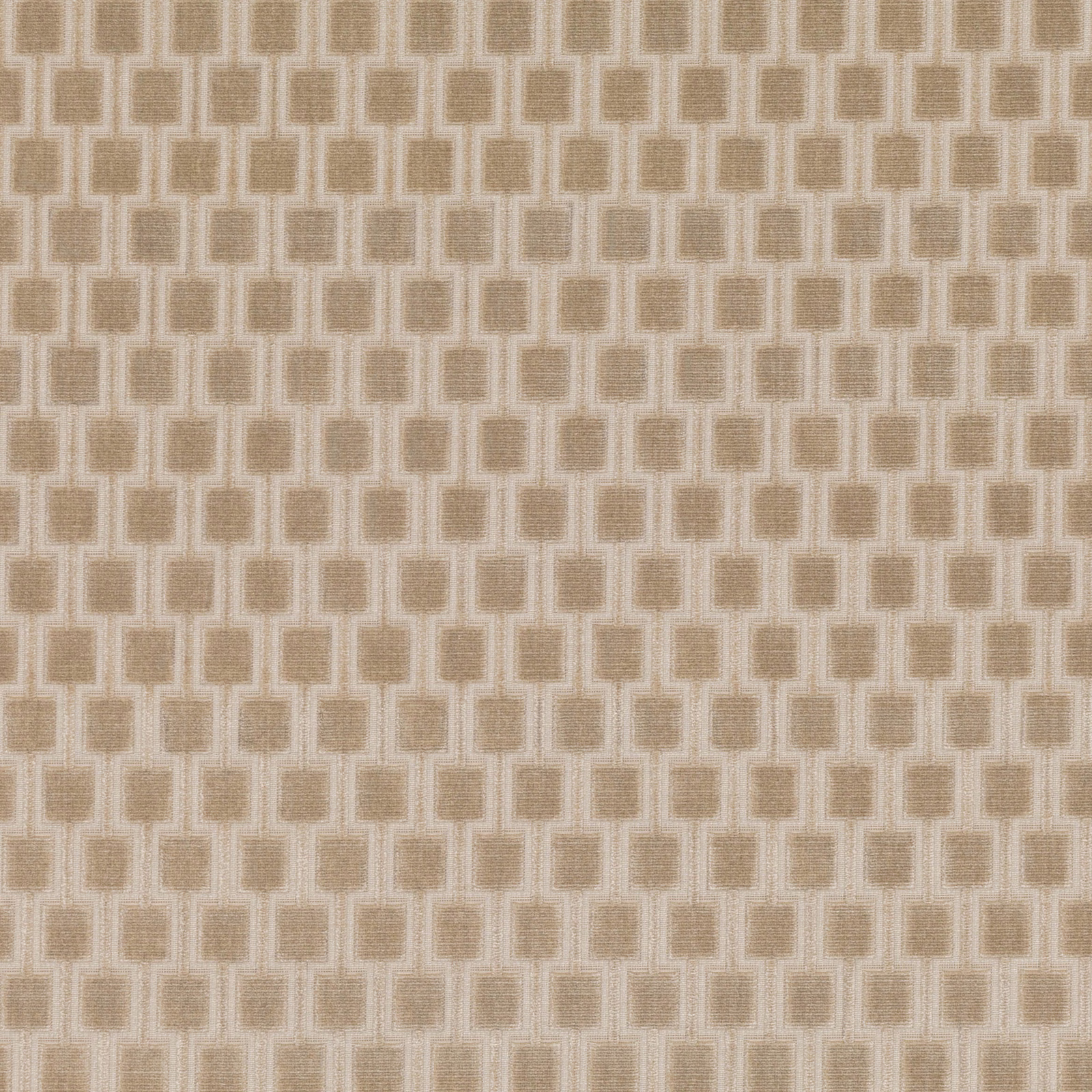Warm oatmeal woven fabric with taupe rectangles and pale linked geometric outlines