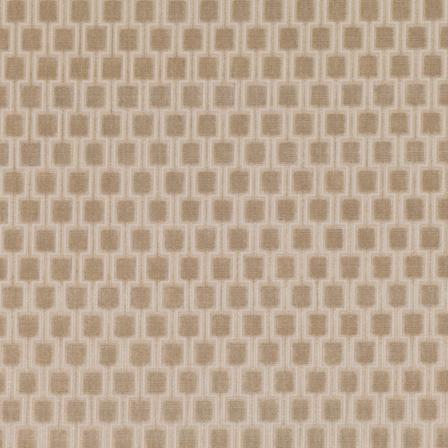 Warm oatmeal woven fabric with taupe rectangles and pale linked geometric outlines