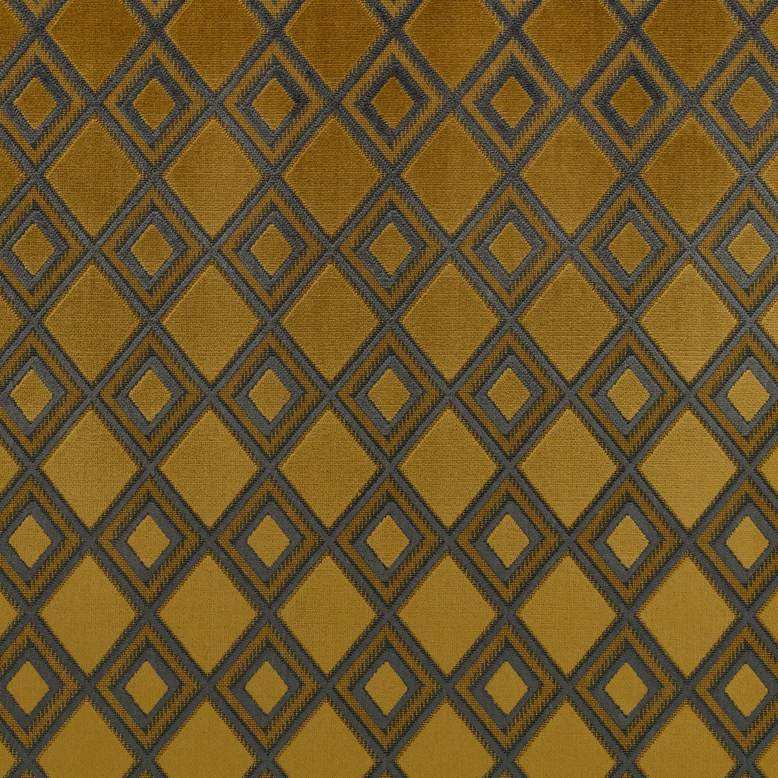 Ochre gold woven fabric with charcoal outlined diamonds and smaller inset motifs