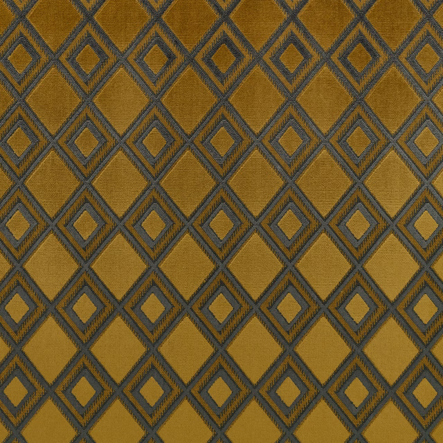 Ochre gold woven fabric with charcoal outlined diamonds and smaller inset motifs