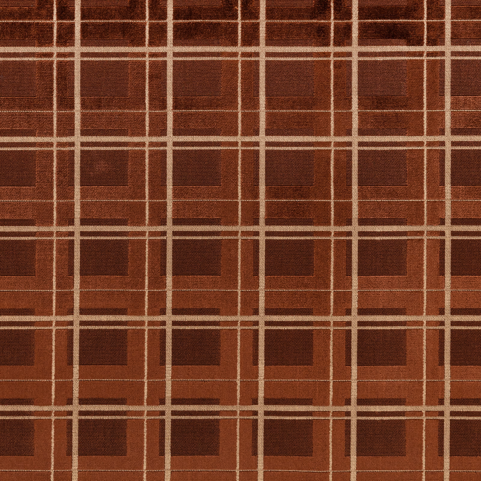 Deep brown woven fabric with rust tones and a cream windowpane grid