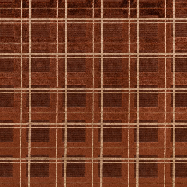 Deep brown woven fabric with rust tones and a cream windowpane grid