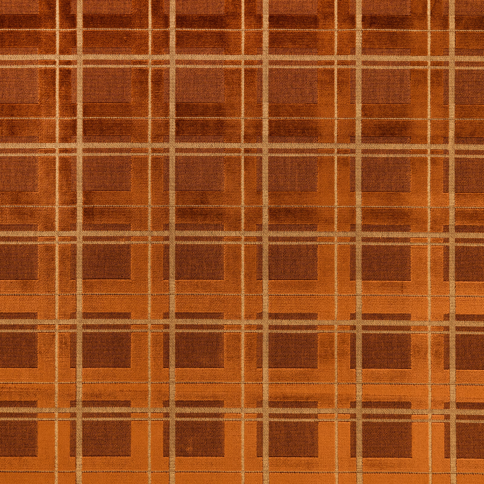 Warm pecan-brown woven plaid with copper ground, tan lines and dark inset squares