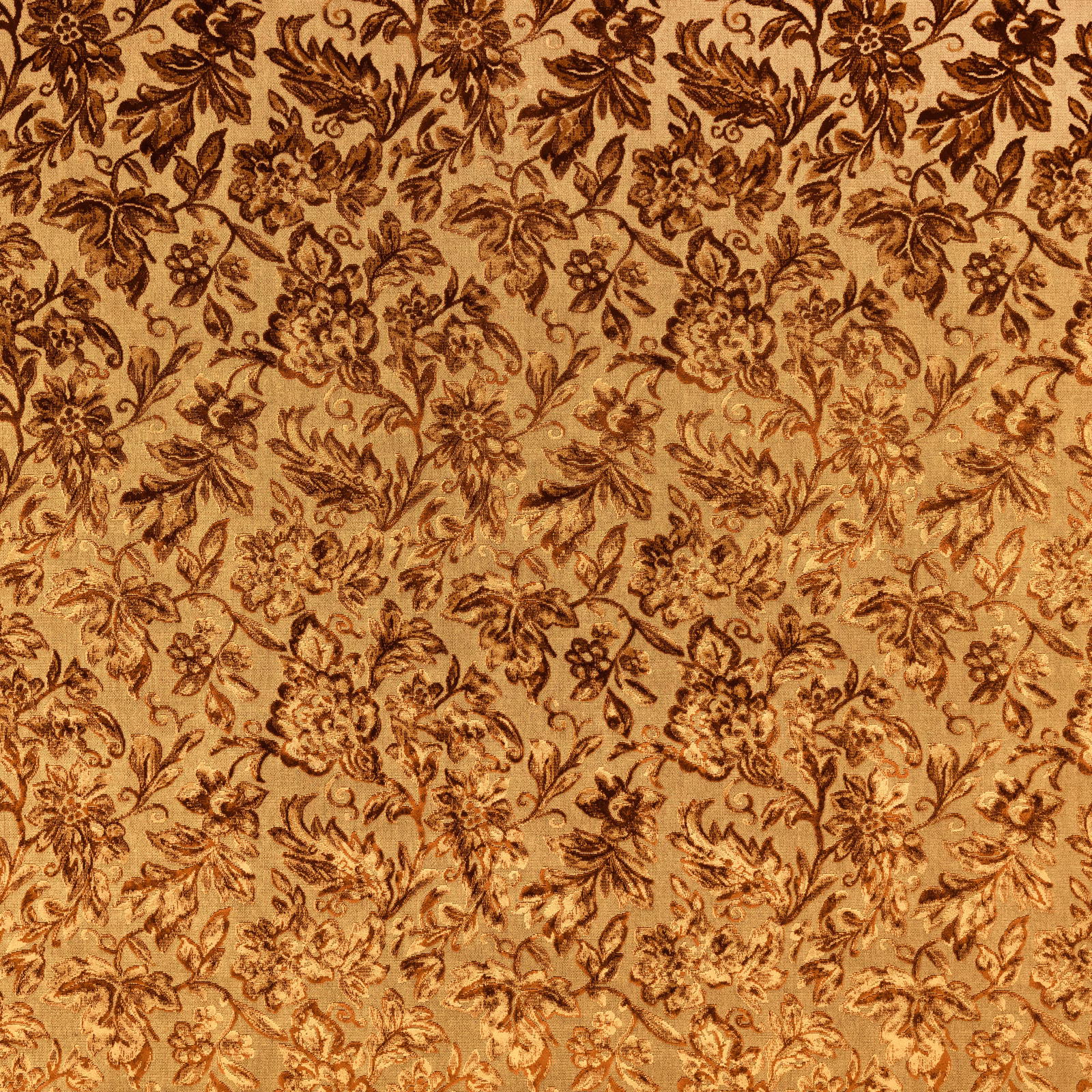 Warm pecan floral textile with dark brown blossoms, leaves and scrolling botanical stems