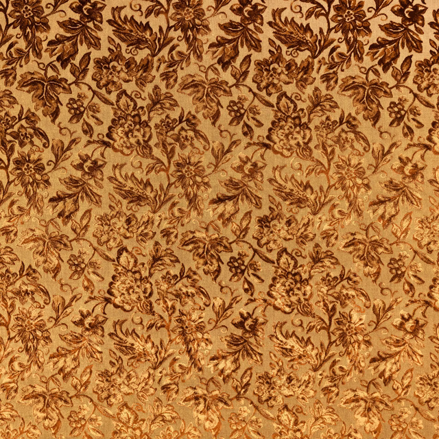 Warm pecan floral textile with dark brown blossoms, leaves and scrolling botanical stems