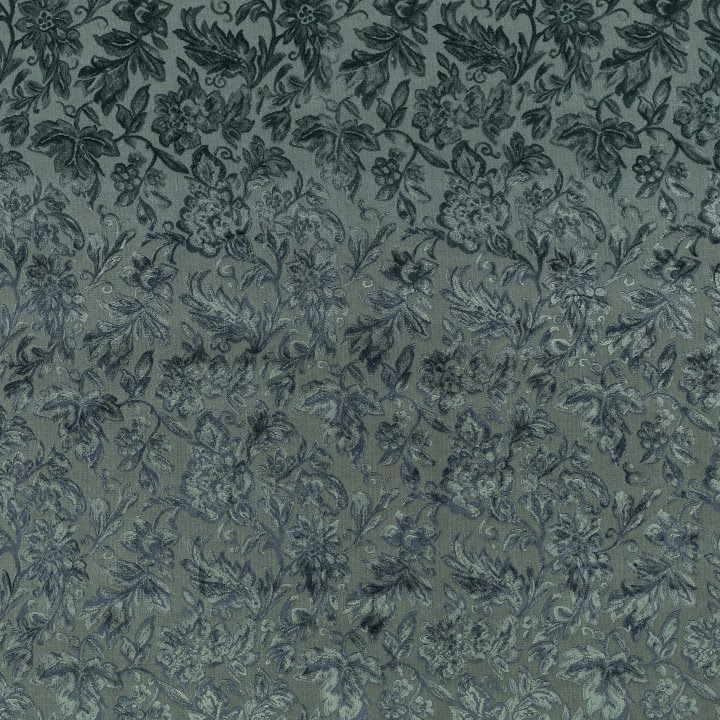 Deep petrol blue-green woven floral ground with charcoal botanical outlines