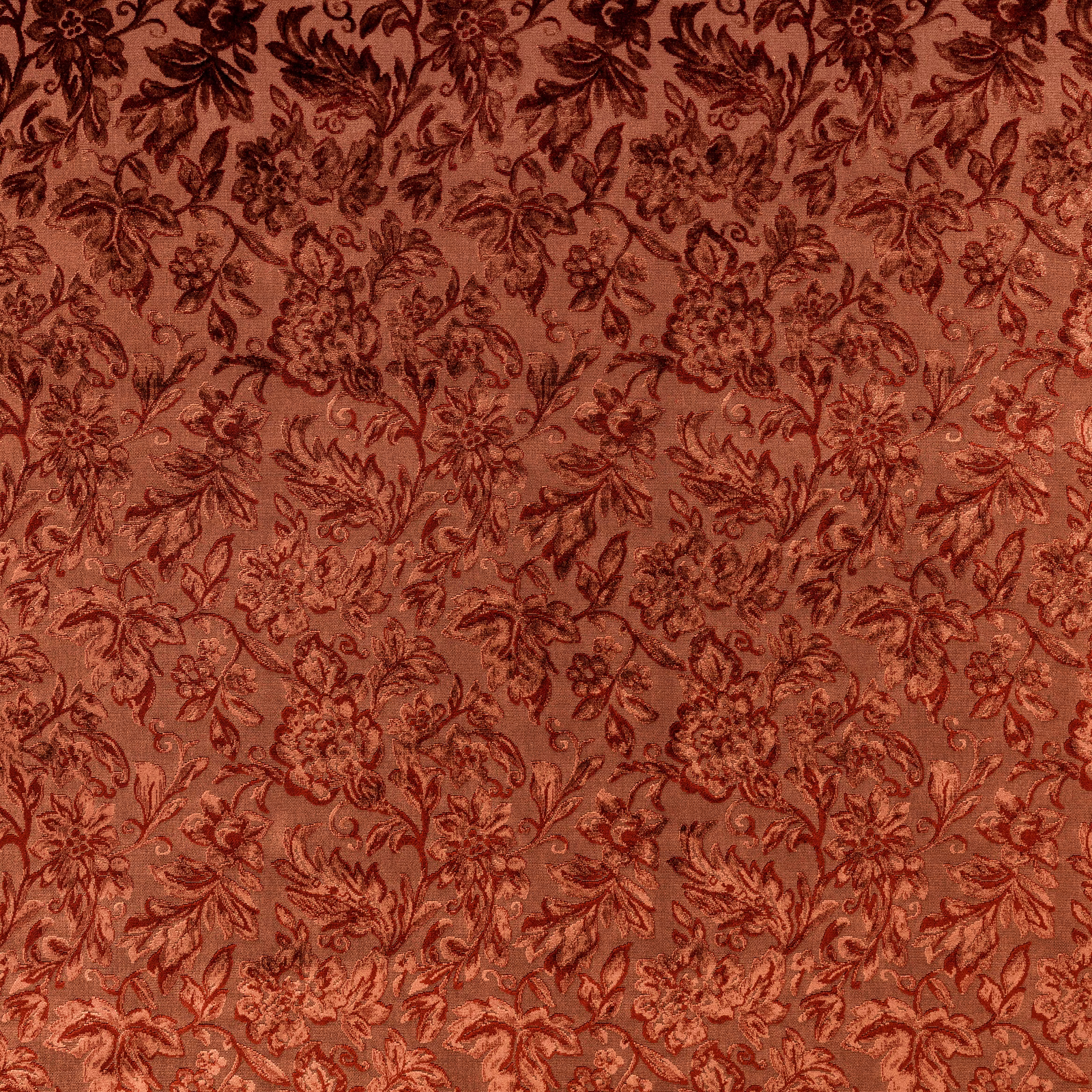 Russet terracotta floral damask fabric with dark brown scrolling botanical motifs