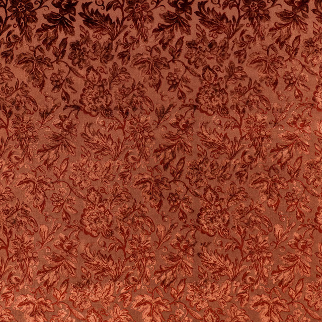 Russet terracotta floral damask fabric with dark brown scrolling botanical motifs