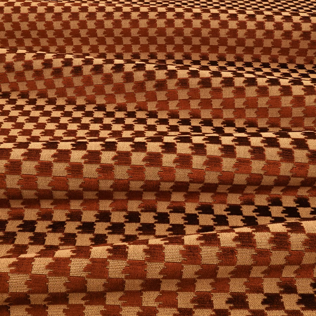 Close-up of Eden Ganache's rust-brown and cream broken-check woven texture