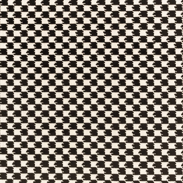 Black and cream woven geometric check fabric with irregular compact blocks
