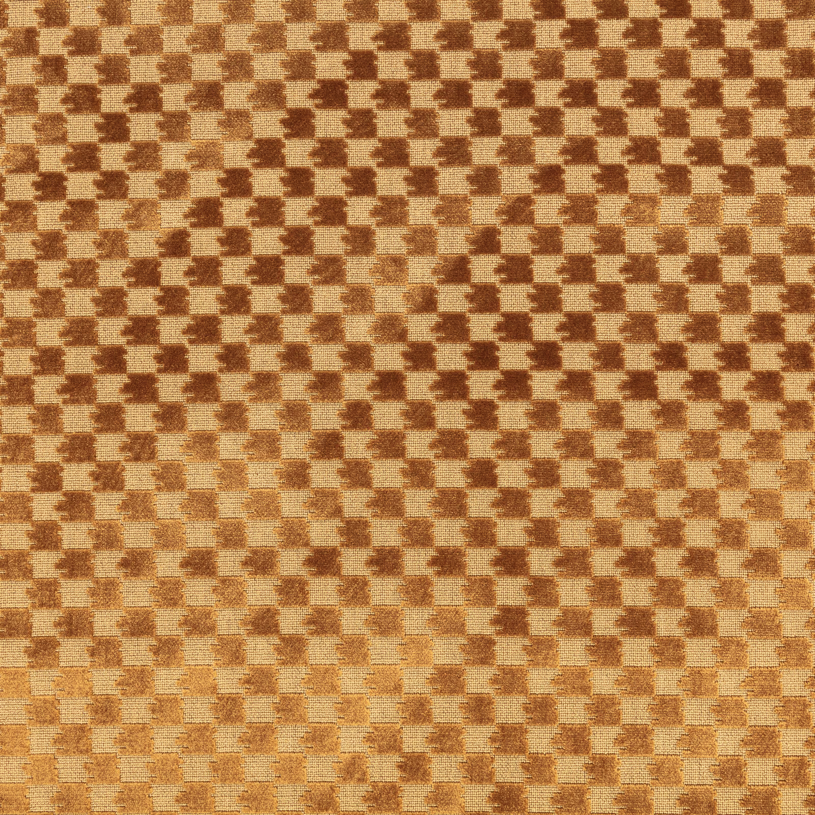 Warm ochre and brown small-check woven textile with a softly flecked surface