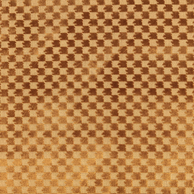 Warm ochre and brown small-check woven textile with a softly flecked surface