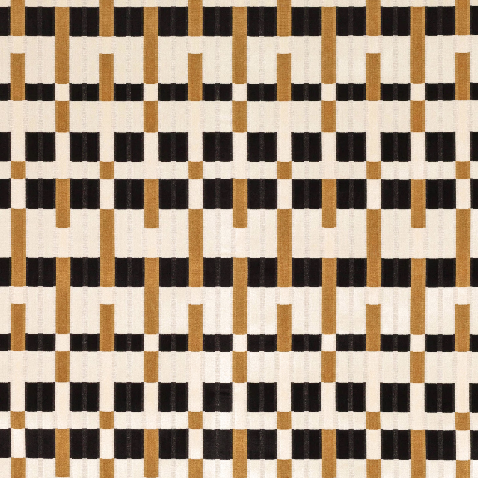 Cream textile with black block bands and ochre vertical bars in a geometric repeat
