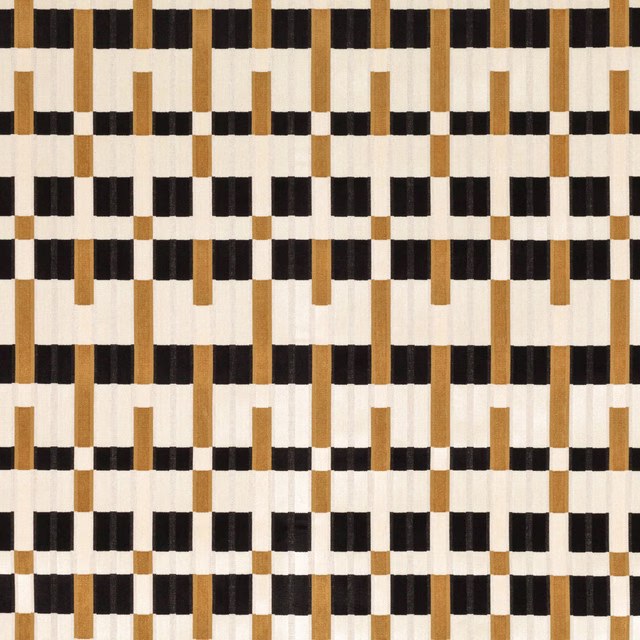 Cream textile with black block bands and ochre vertical bars in a geometric repeat