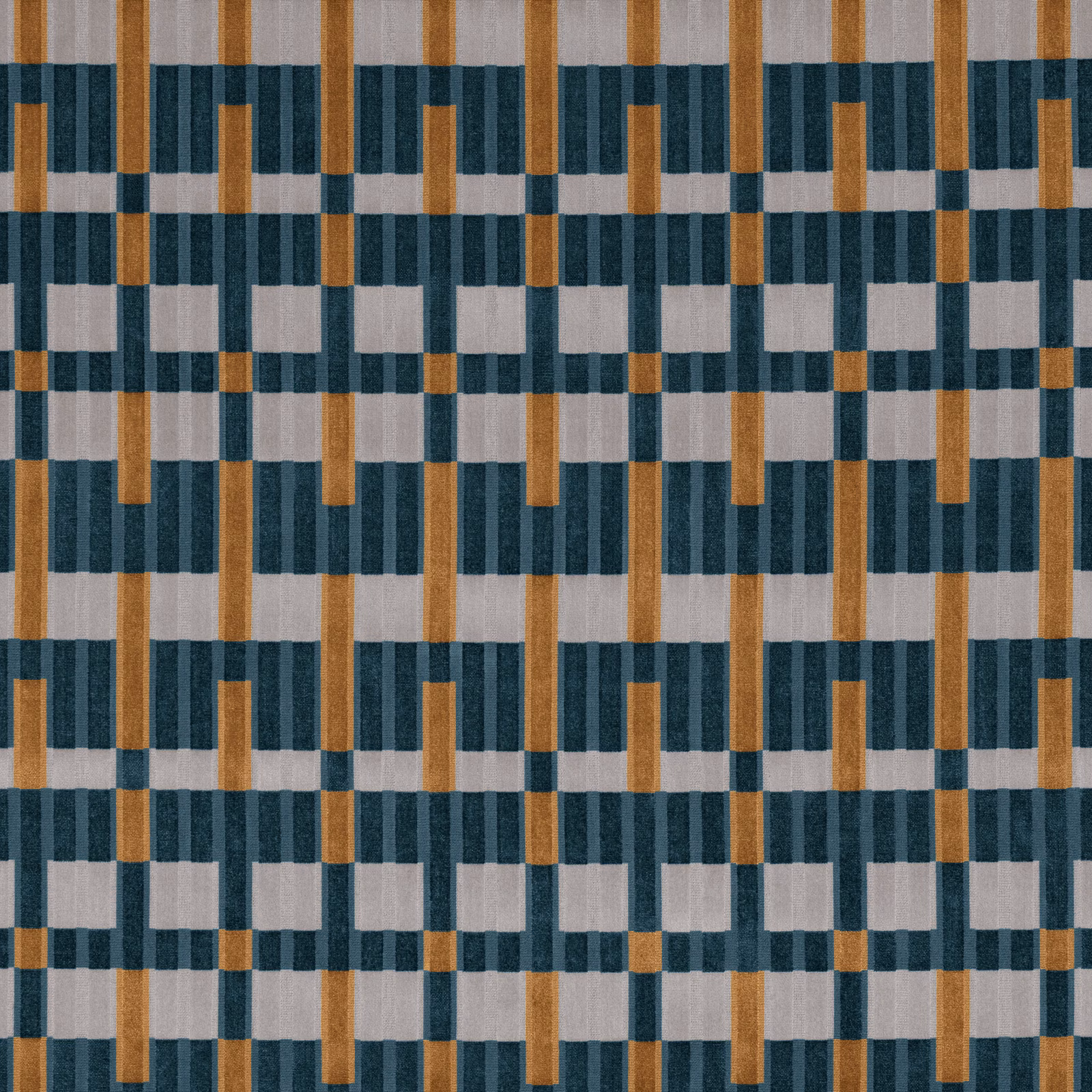Petrol blue geometric woven fabric with grey blocks and ochre vertical bars