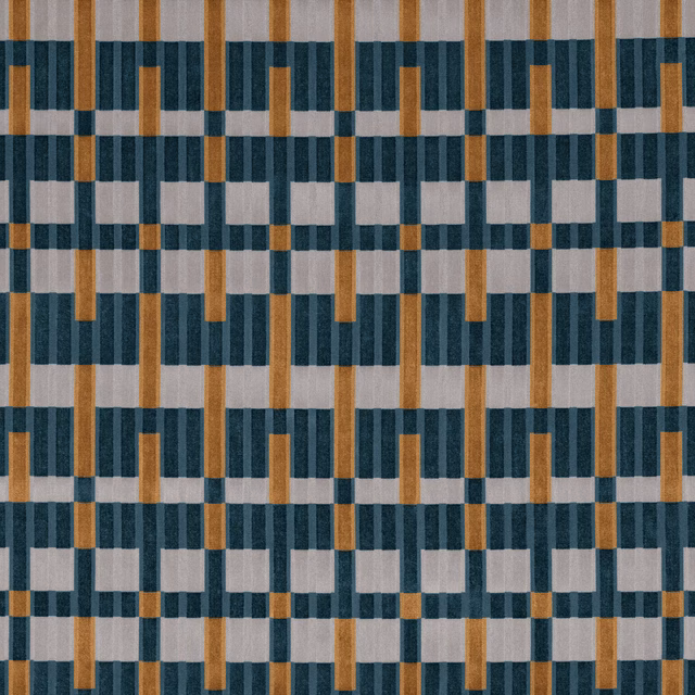 Petrol blue geometric woven fabric with grey blocks and ochre vertical bars