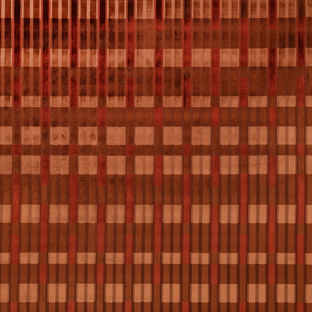 Rust red and brown textile with vertical stripes and staggered woven square blocks