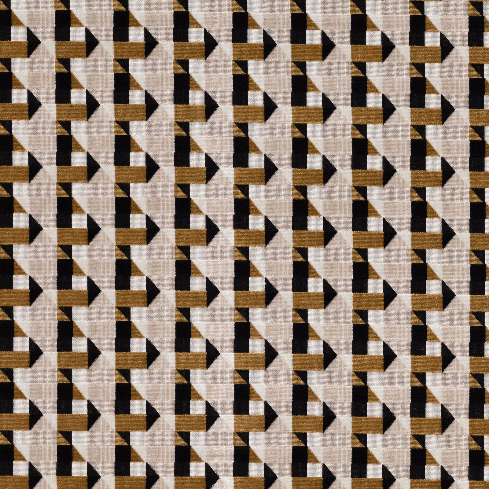 Biscuit, black and ochre woven geometric fabric with repeating angular arrow motifs