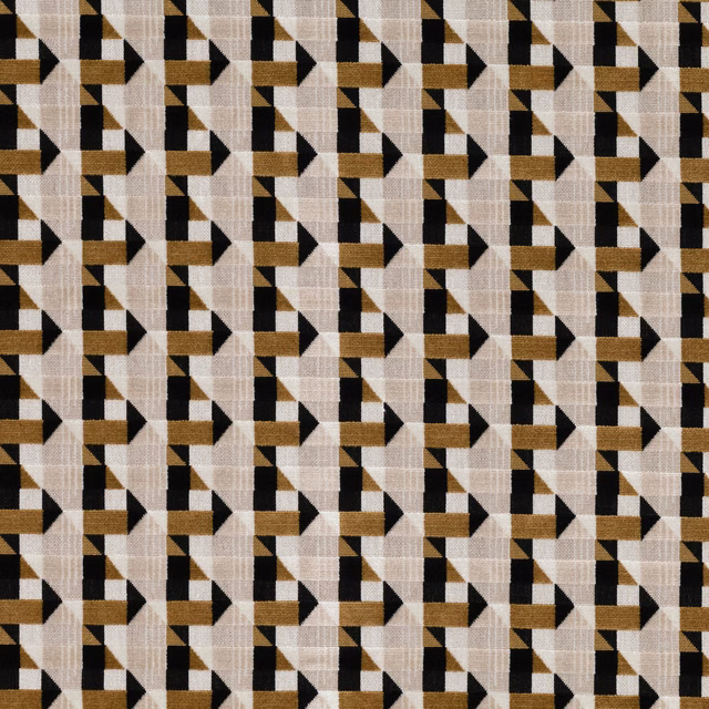 Biscuit, black and ochre woven geometric fabric with repeating angular arrow motifs