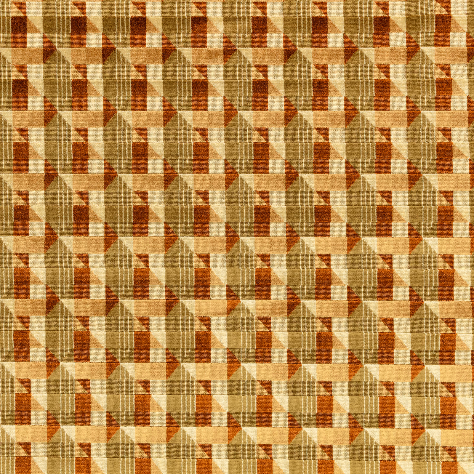 Fern green geometric fabric with rust, ochre and cream woven angular motifs