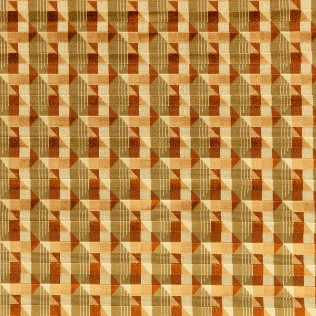 Fern green geometric fabric with rust, ochre and cream woven angular motifs