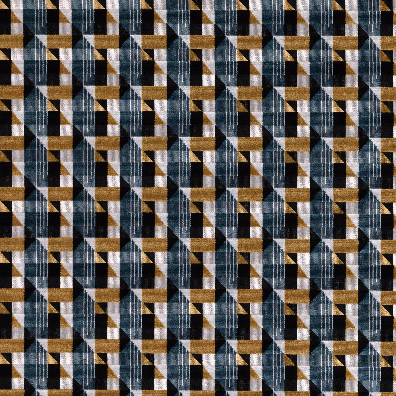 Petrol blue geometric fabric with black, mustard and chalk-white woven shapes