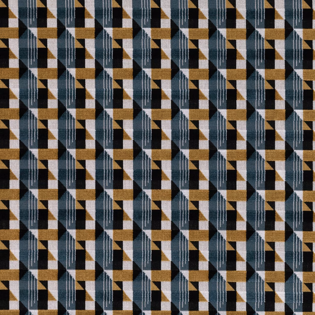 Petrol blue geometric fabric with black, mustard and chalk-white woven shapes