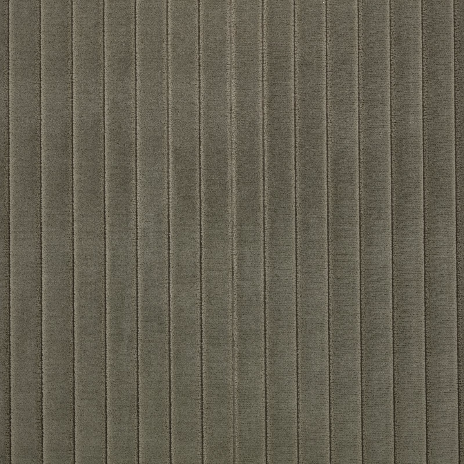 Muted olive-grey upholstery fabric with narrow dark vertical stripes and a close textured weave