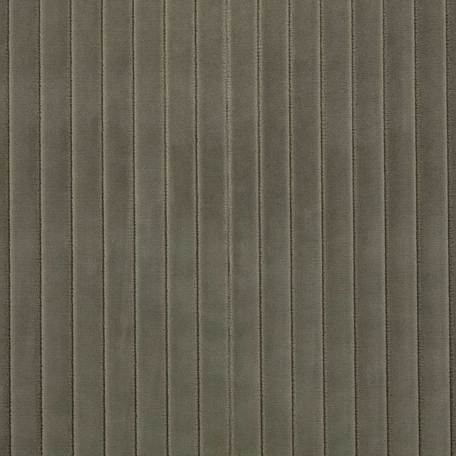Muted olive-grey upholstery fabric with narrow dark vertical stripes and a close textured weave