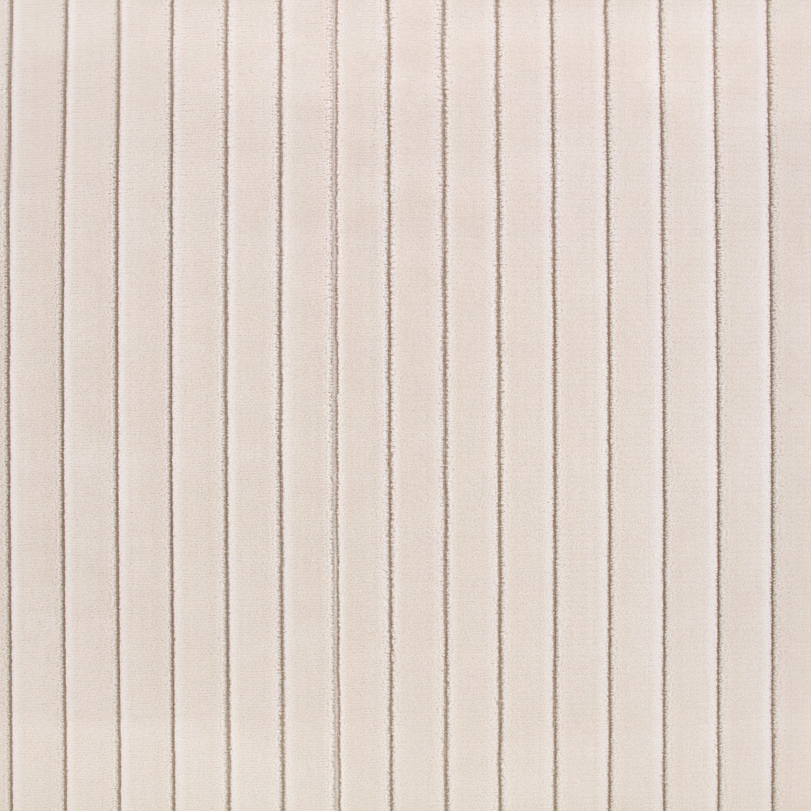 Warm cream woven fabric with fine taupe-grey vertical pinstripes and subtle texture