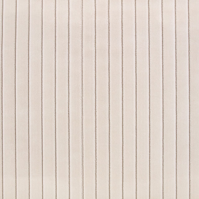 Warm cream woven fabric with fine taupe-grey vertical pinstripes and subtle texture